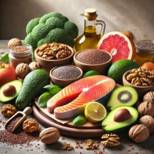 Variety of omega-3 rich foods including salmon, walnuts, flaxseeds