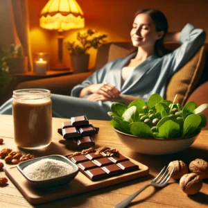 Person relaxing with magnesium-rich foods like dark chocolate, nuts and leafy greens