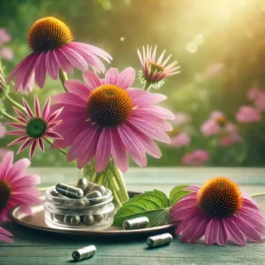 Echinacea flowers in bloom with supplement capsules nearby
