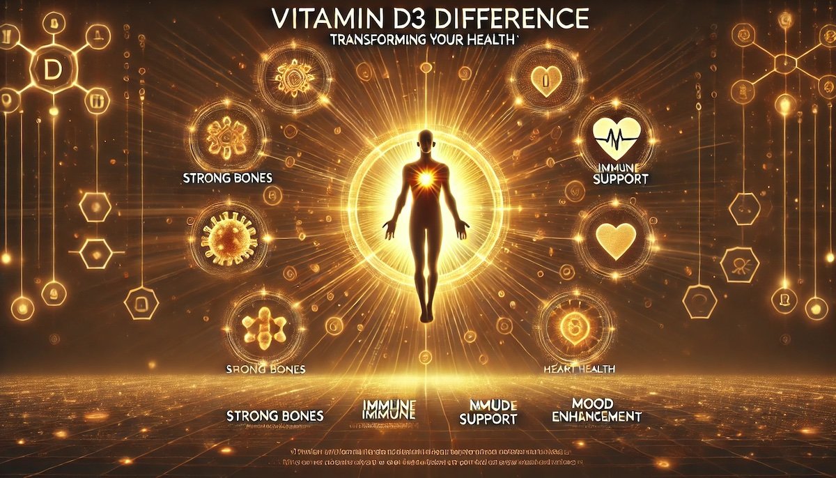 DALL·E 2025 02 20 00.02.16 A visually striking image showcasing the benefits of Vitamin D3. The image features a glowing sun with rays illuminating a human silhouette symbolizi copy