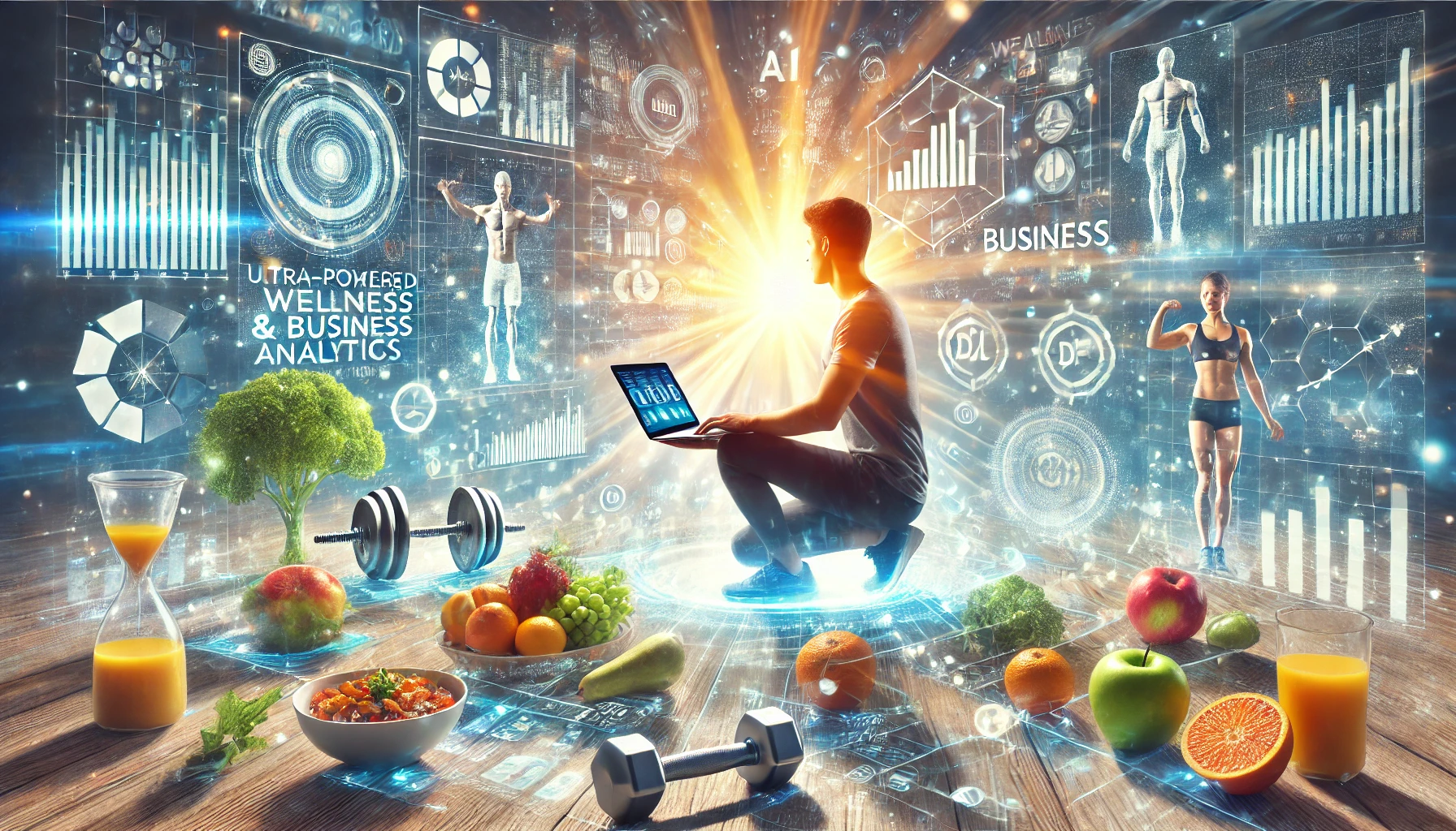 vibrant, modern digital workspace with a fit and energetic entrepreneur using a laptop, surrounded by floating AI-powered wellness and business analytics. The background features a bright, uplifting atmosphere with images of nutritious foods, dumbbells, and digital income charts blending together.