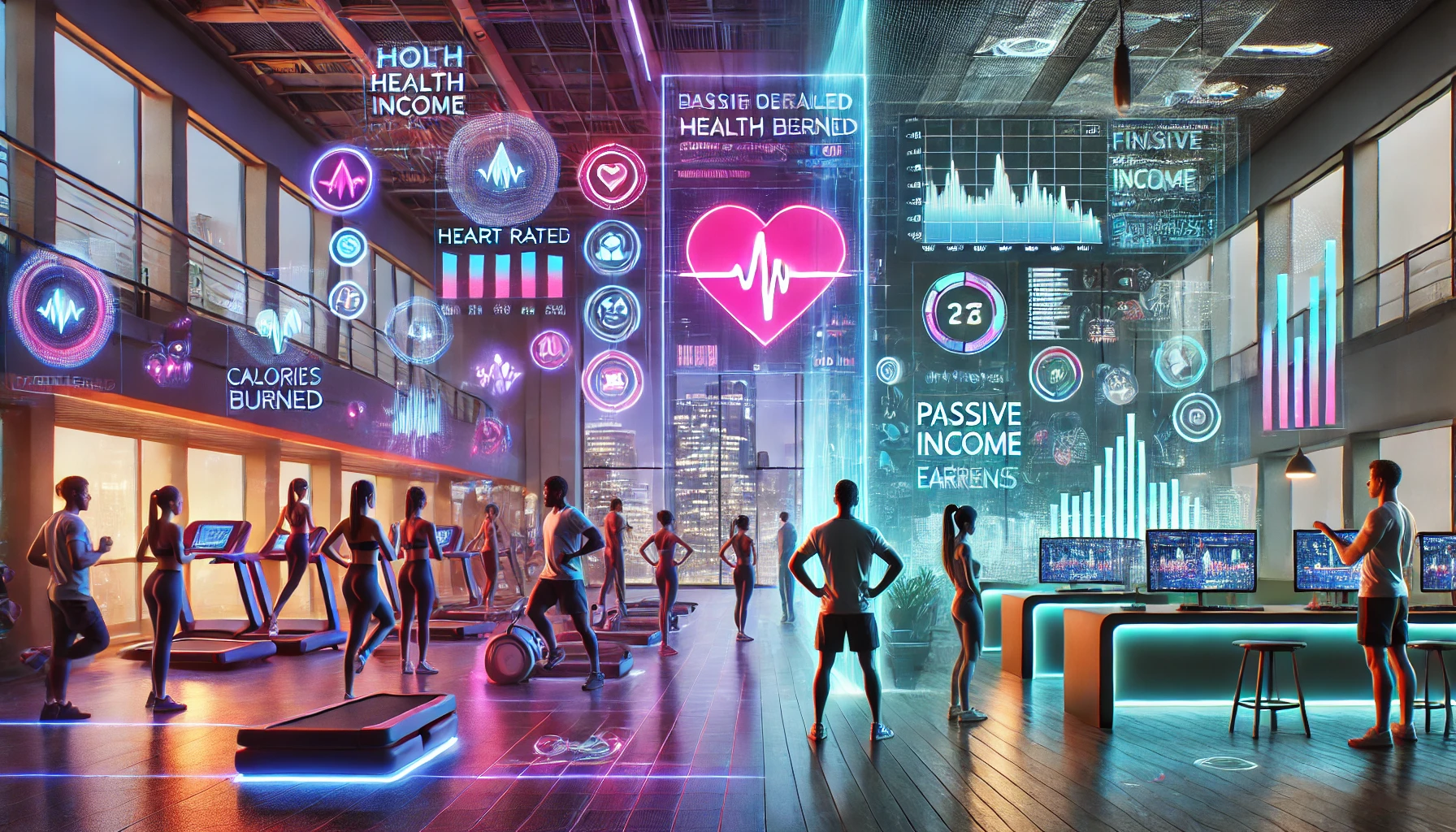 A diverse group of people working out in a high-tech fitness center, surrounded by floating AI-generated health metrics and wellness data. The scene transitions into an AI-powered home office where another person is analyzing passive income earnings on a sleek, futuristic business dashboard.