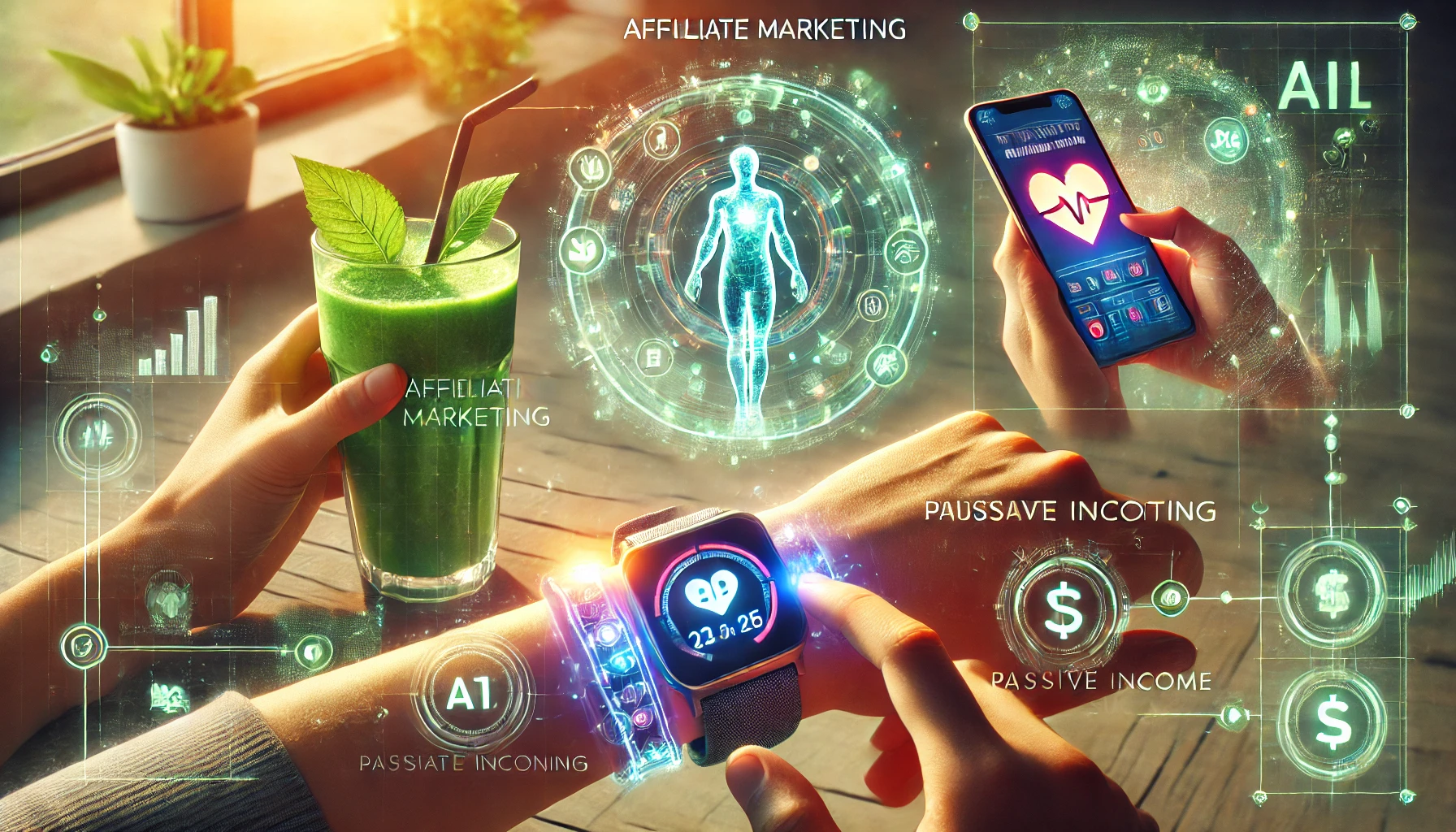 A collection of scenes: one image shows a person drinking a green smoothie while reading an article on affiliate marketing, another image shows an AI-powered fitness tracker displaying workout progress, and a third image showcases a digital entrepreneur receiving passive income notifications on a smartphone.