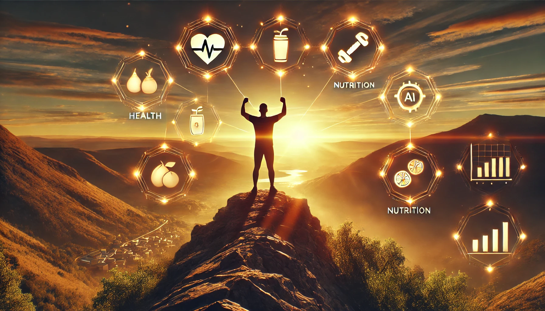 A strong, confident individual standing at the top of a scenic mountain at sunrise, arms raised in victory. The background subtly features icons representing health (a heart and dumbbell), nutrition (fruits and a smoothie), and financial success (a money graph and AI automation symbols).